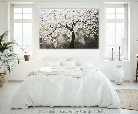 Modern Tree Paintings Prints, Original Textured Cherry Tree Painting, White Blossoming Cherry Tree Fine Art Artist Christine Bell