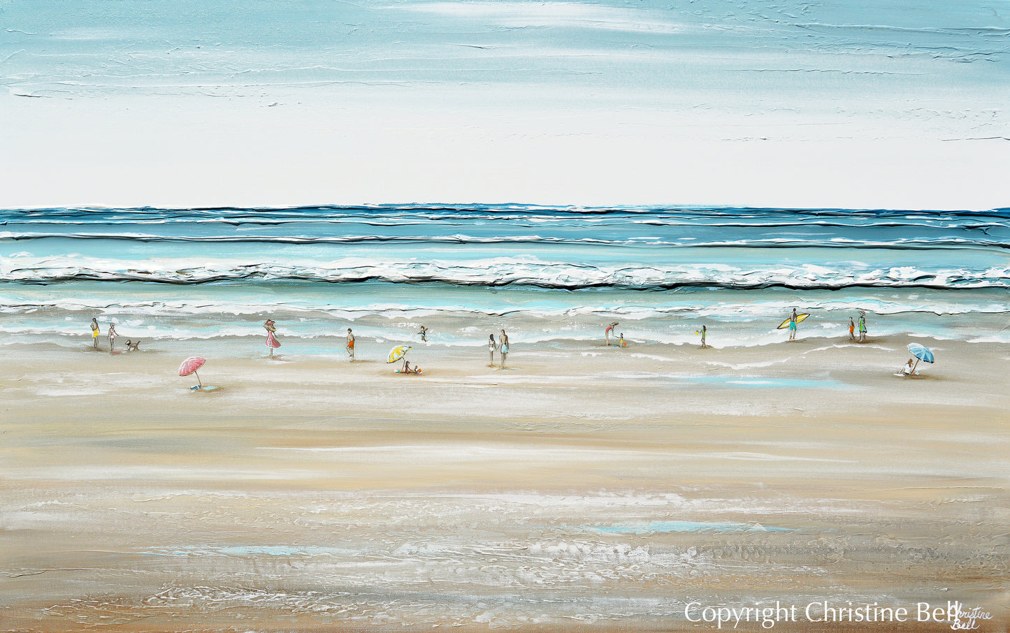 Coastal Painting Ocean Beach Paintings Beach goers "Seas the Day" Canvas Print of Painting by Artist, Christine Bell
