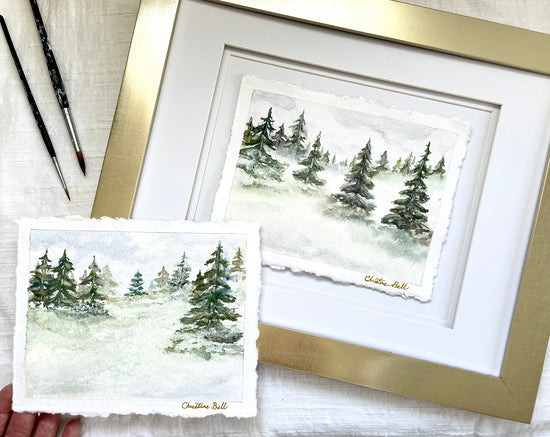 Original Fine Art Landscape Paintings, Pine Tree Forest, Winter Holiday Christmas Trees Wall Arton Heavy Deckled-edge Watercolor Paper, Framed Artwork Brushed Gold Frame, modern impressionism Artist,Christine Bell