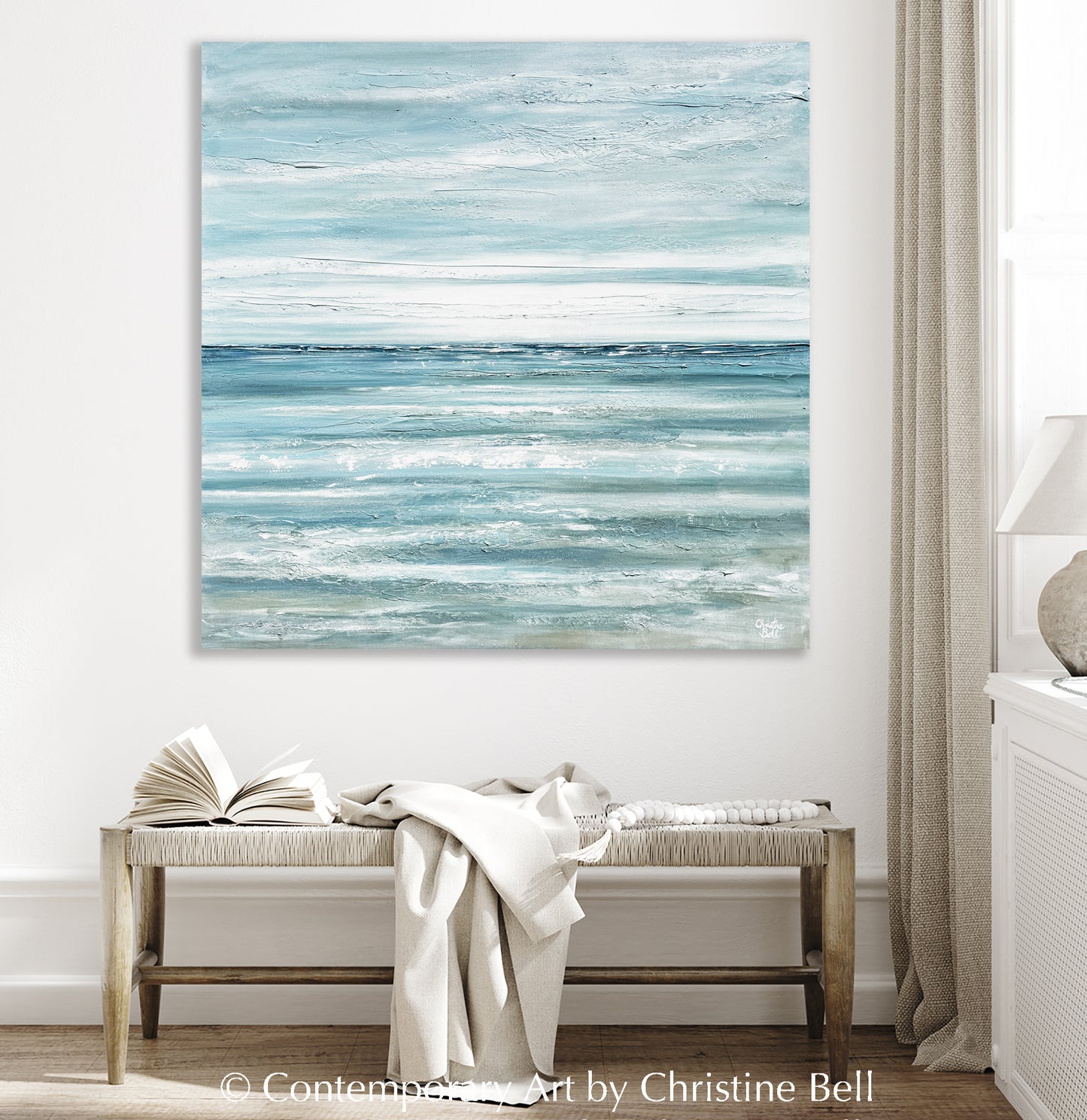 Modern Coastal Abstract Paintings Neutral Minimalist Fine Art Home Decor Wall Art Floral White Flowers, Coastal Ocean Seascapes by Artist Christine Bell
