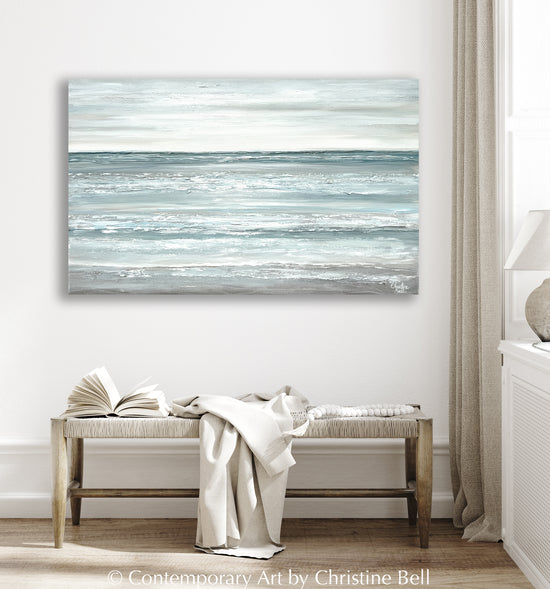 Modern Coastal Abstract Paintings Neutral Minimalist Fine Art Home Decor Wall Art Floral White Flowers, Coastal Ocean Seascapes by Artist Christine Bell