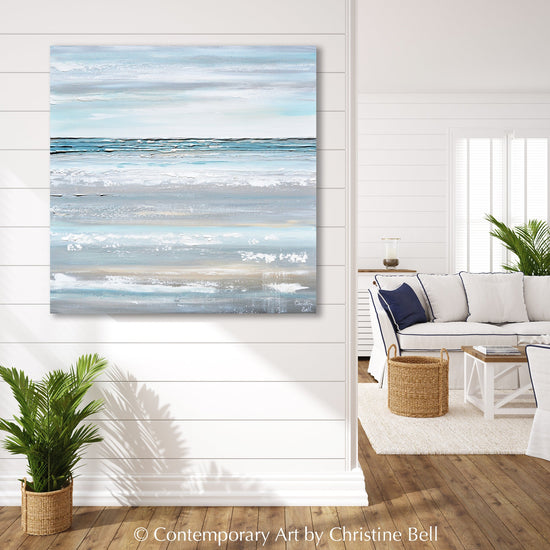 Just Breathe Original Coastal Painting Collection large textured impressionist abstract oil paintings light blue grey white Modern Beach Home Decor Artist Christine Bell