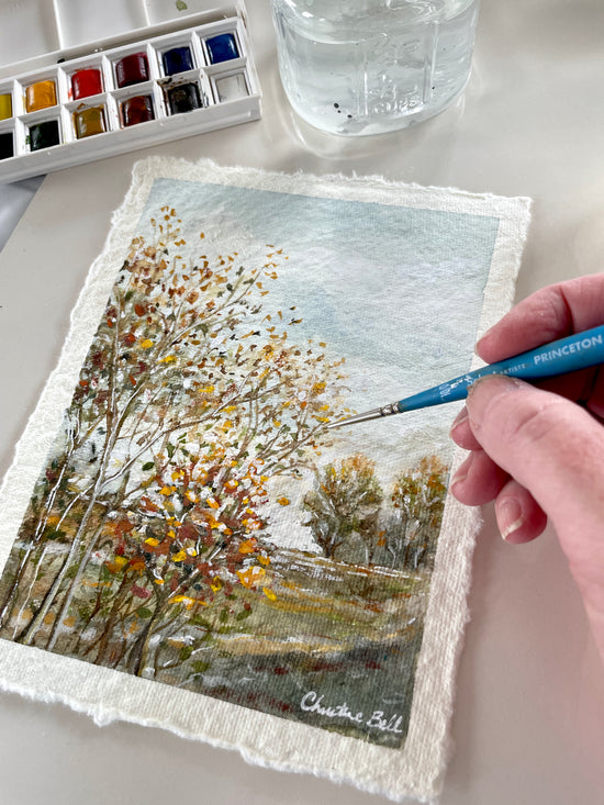 "Autumn Joy" ORIGINAL Autumn Trees Landscape, Handmade Deckled-Edge Paper, Available Framed