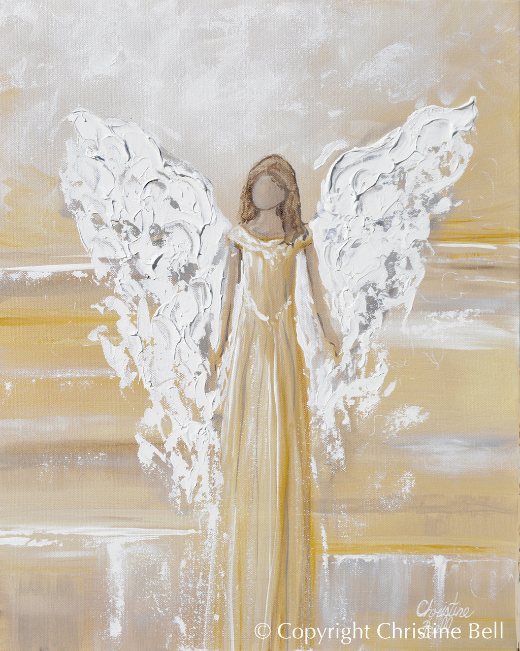 ORIGINAL Angel Painting Textured Guardian Angel Gold White Home