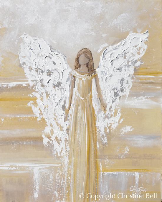"Bringing Light and Joy" New ORIGINAL Angel Painting, Textured, Gold, Grey, White 16x20"