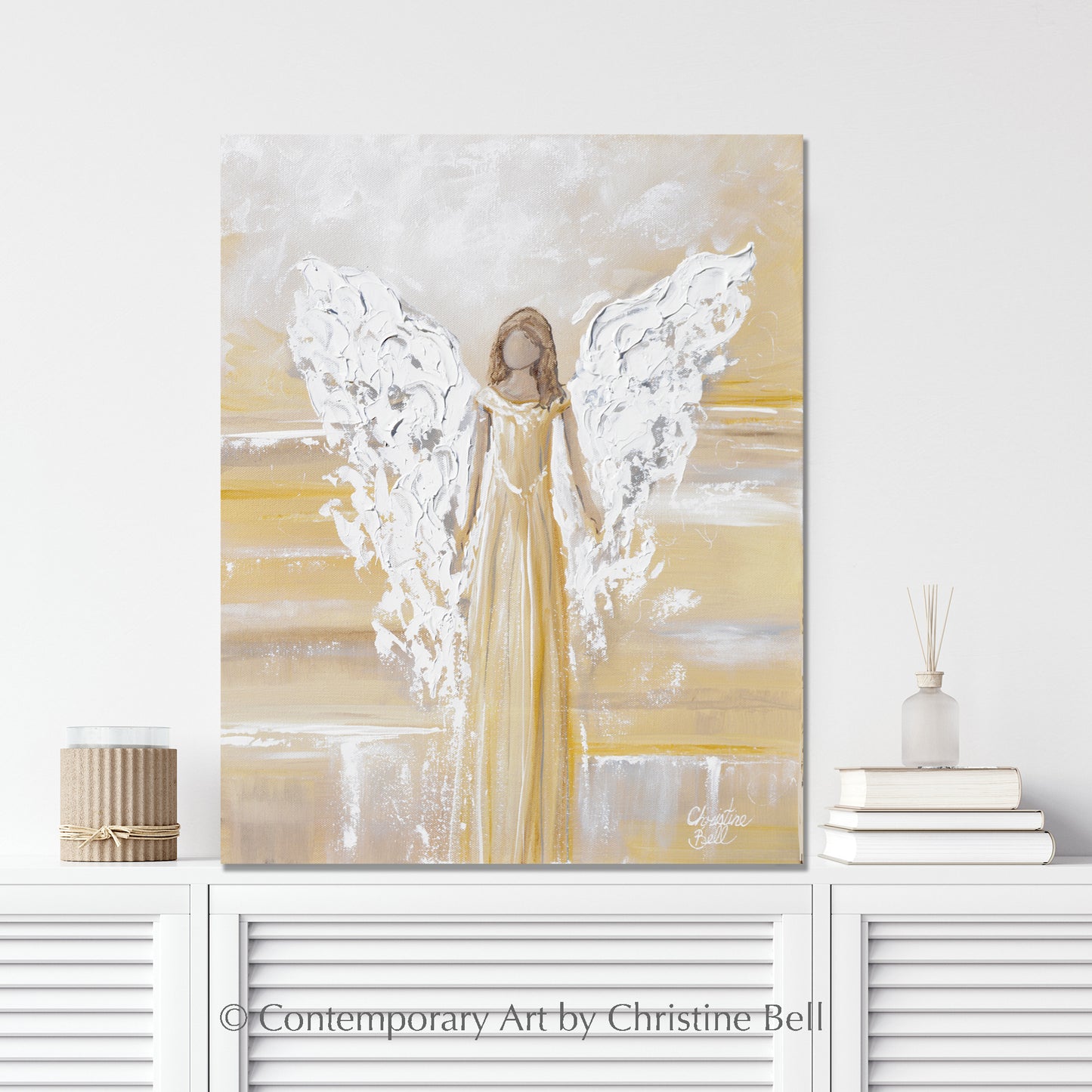 Load image into Gallery viewer, &amp;quot;Bringing Light and Joy&amp;quot; New ORIGINAL Angel Painting, Textured, Gold, Grey, White 16x20&amp;quot;
