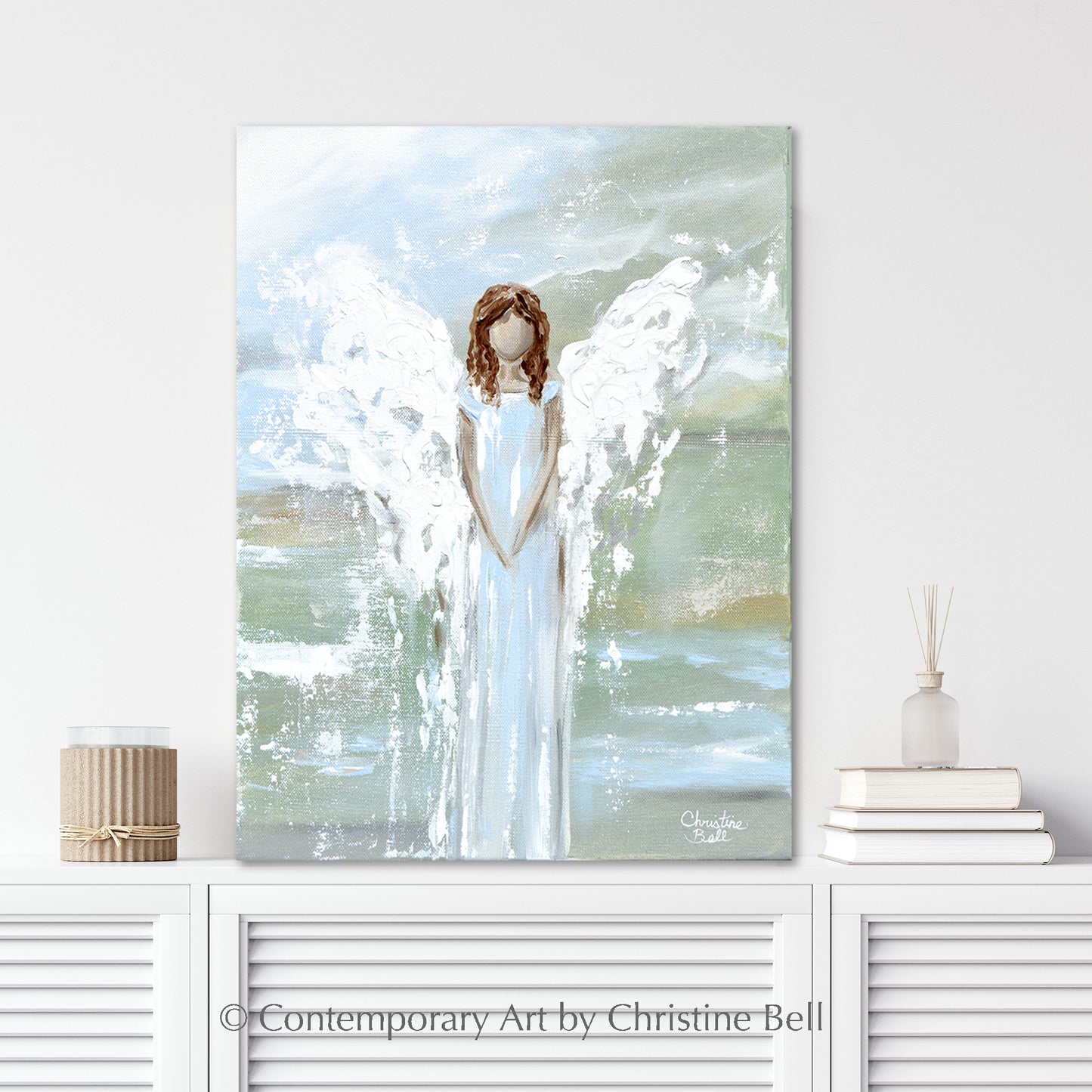 "Her Blessings" New ORIGINAL Angel Painting, Textured, Light Blue, Green, 12x16"
