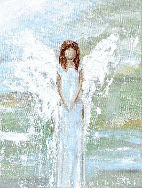Load image into Gallery viewer, &amp;quot;Her Blessings&amp;quot; GICLEE PRINT, Angel Painting, Modern Blue Green Guardian Angel
