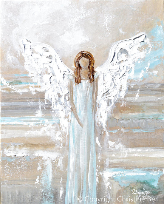"Walking in Grace" New ORIGINAL Angel Painting, Textured, Cream, Grey, Light Blue, 16x20"
