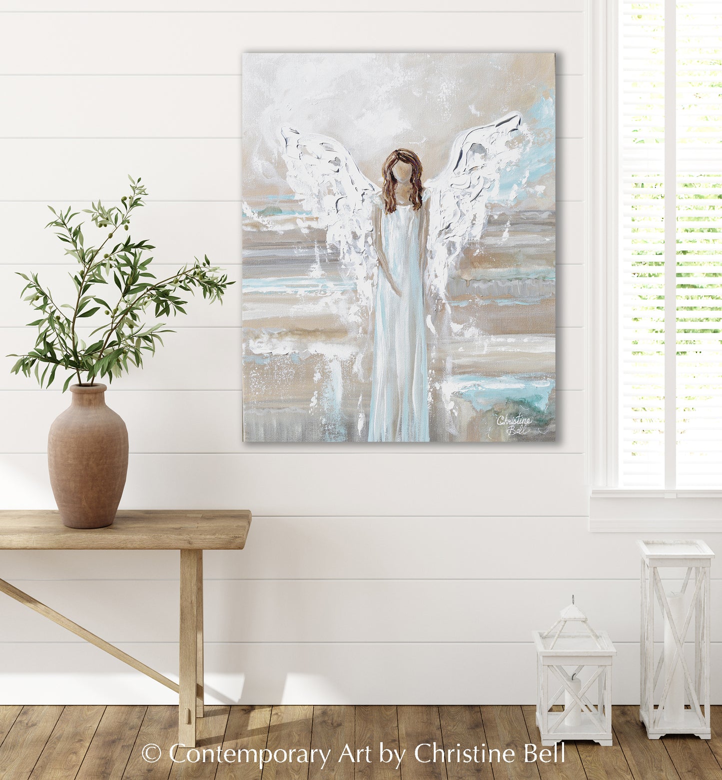 "Walking in Grace" GICLEE PRINT, Angel Painting, Modern Blue Grey Guardian Angel