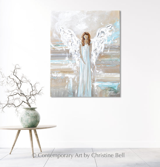 "Walking in Grace" New ORIGINAL Angel Painting, Textured, Cream, Grey, Light Blue, 16x20"