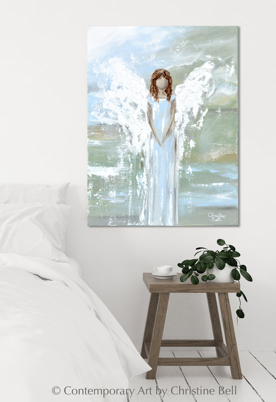 "Her Blessings" New ORIGINAL Angel Painting, Textured, Light Blue, Green, 12x16"