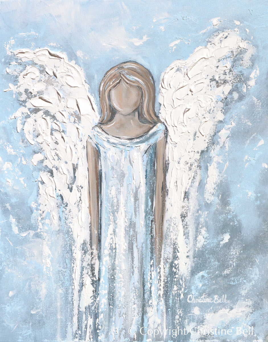 ORIGINAL Angel Painting Textured Guardian Angel Love Blue White Decor ...