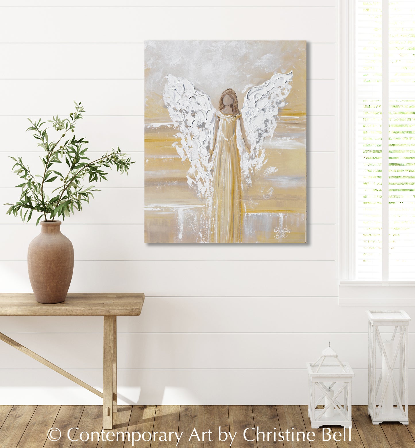 "Bringing Light and Joy" New ORIGINAL Angel Painting, Textured, Gold, Grey, White 16x20"