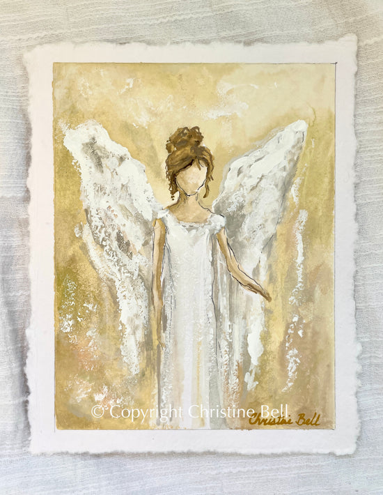 "Bringing Warmth and Joy" ORIGINAL Angel Painting, Handmade Deckled-Edge Paper, Available Framed