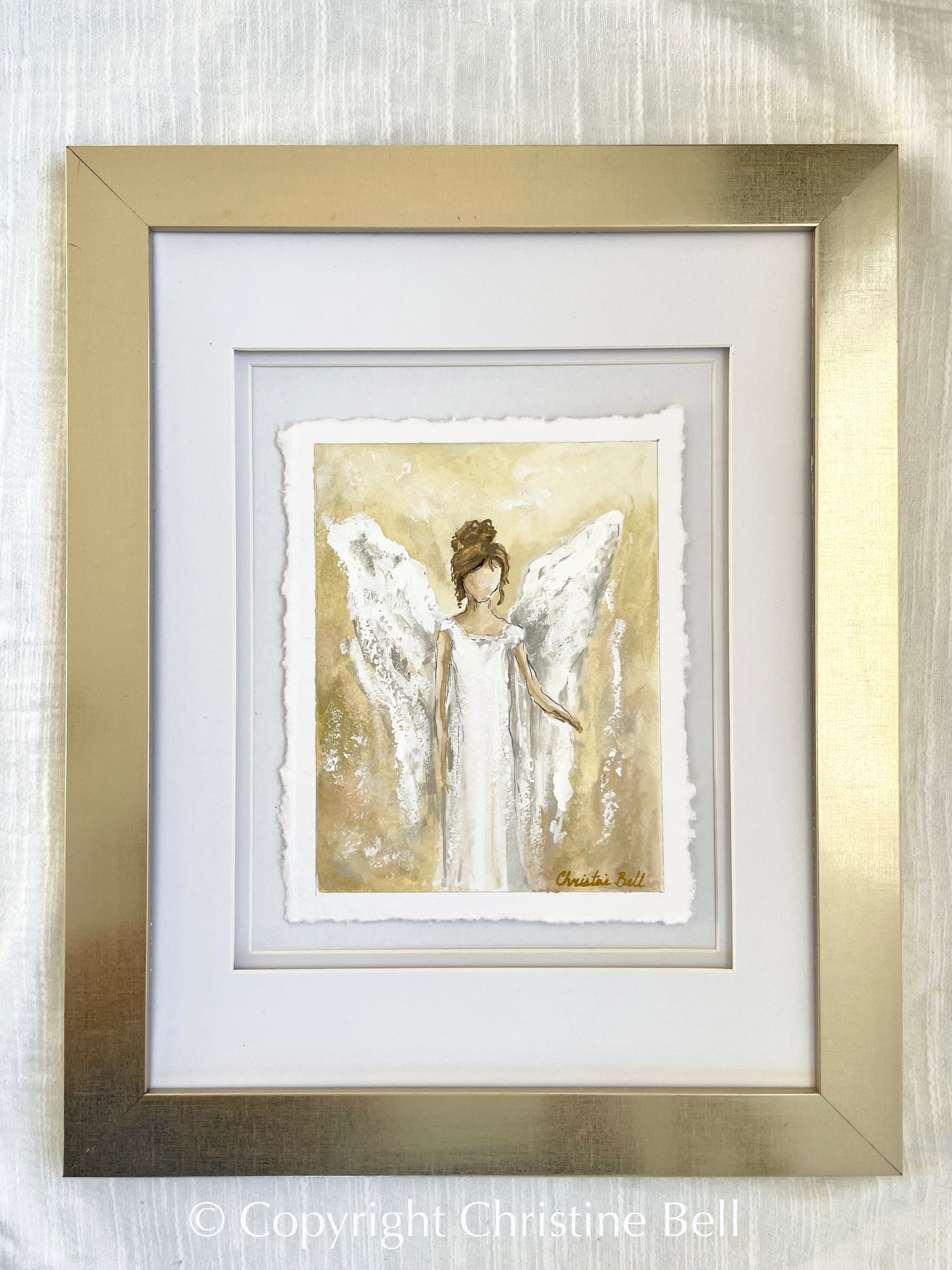 ORIGINAL Angel Painting Gold Guardian Angel Vintage Paper Framed Decor –  Contemporary Art by Christine