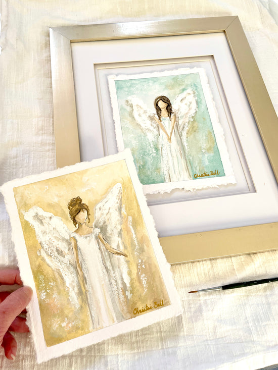 "Bringing Warmth and Joy" ORIGINAL Angel Painting, Handmade Deckled-Edge Paper, Available Framed