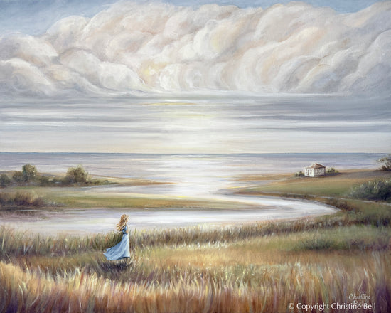 "In Her Own World" ORIGINAL Coastal Landscape Oil Painting, Ocean Seascape Figurative, 30x24"