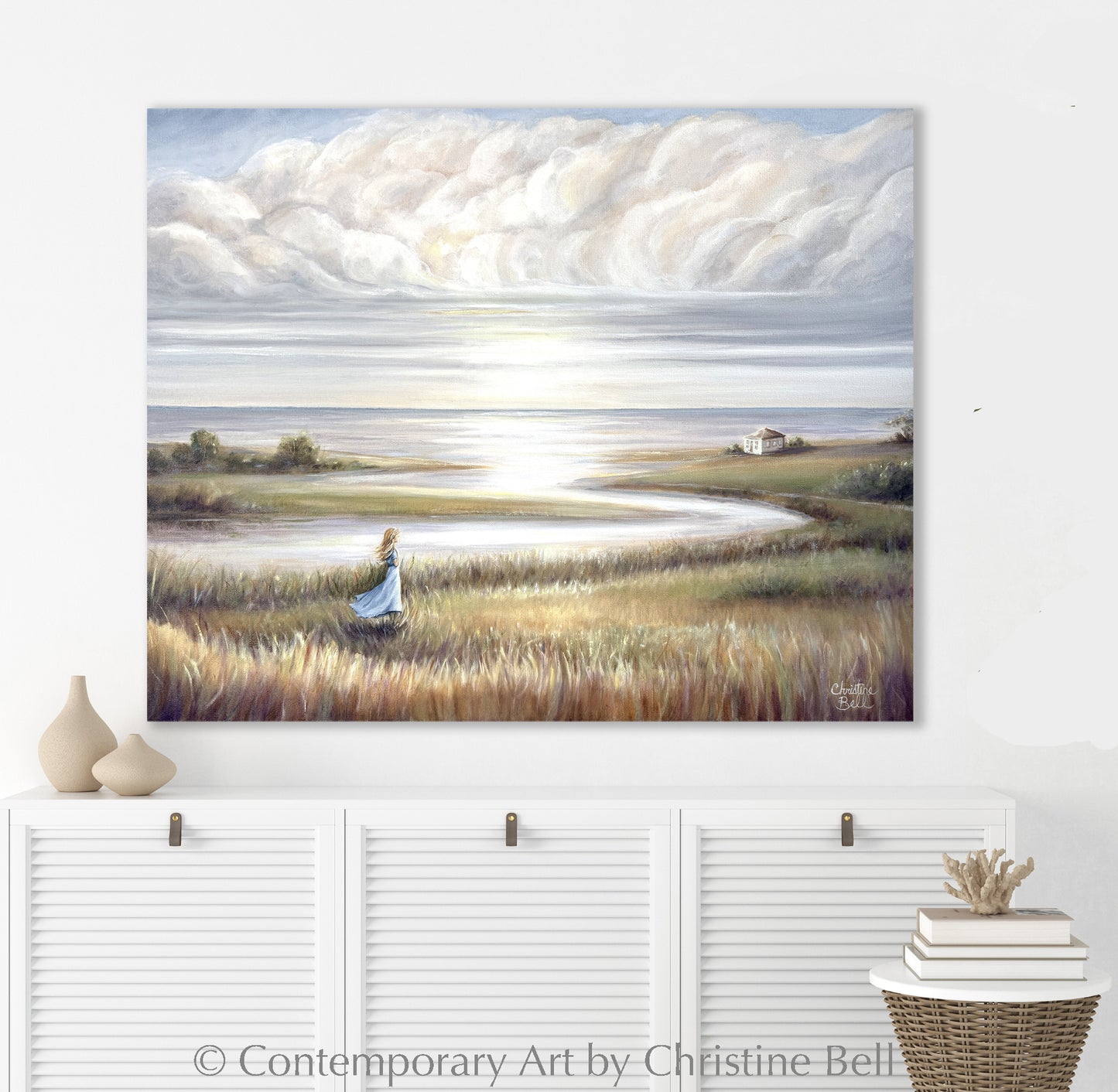 "In Her Own World" GICLÉE PRINT Landscape Oil Painting, Coastal Seascape Beach Figurative w/ Girl  30x24"