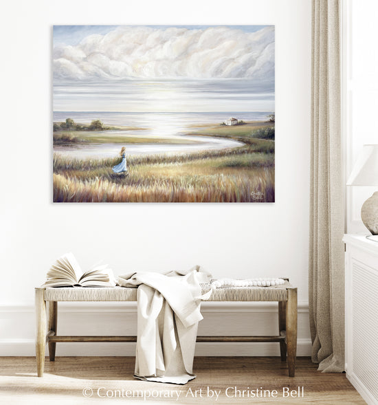 "In Her Own World" ORIGINAL Coastal Landscape Oil Painting, Ocean Seascape Figurative, 30x24"