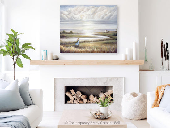 "In Her Own World" ORIGINAL Coastal Landscape Oil Painting, Ocean Seascape Figurative, 30x24"