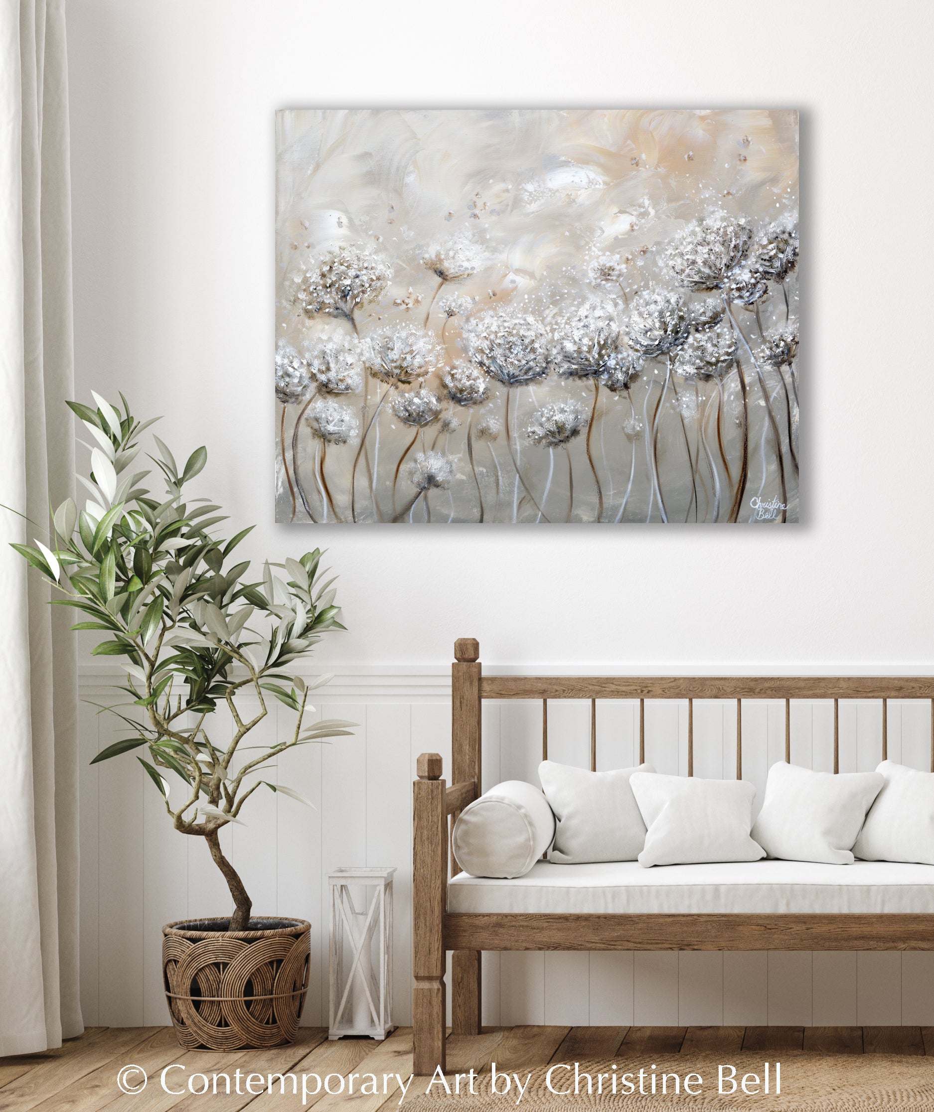 ORIGINAL Abstract Oil Painting Framed Floral Flowers Neutral Fine Art Contemporary Art by