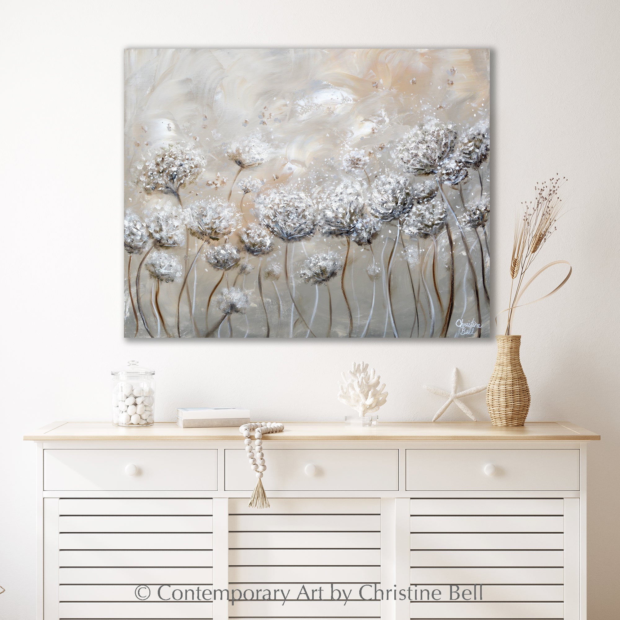 ORIGINAL Abstract Oil Painting Framed Floral Flowers Neutral Fine Art Contemporary Art by