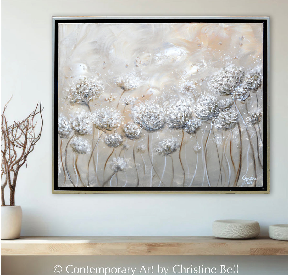 ORIGINAL Abstract Oil Painting Framed Floral Flowers Neutral Fine Art Contemporary Art by