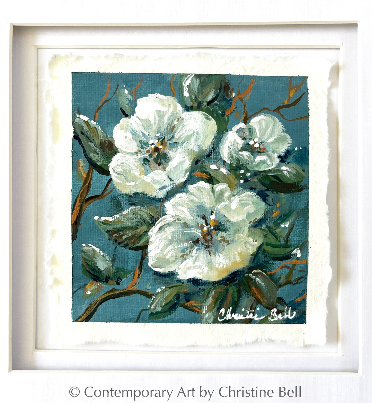 ORIGINAL Abstract Painting White Flowers Vintage Paper Framed Wall Art – Contemporary Art by Christine