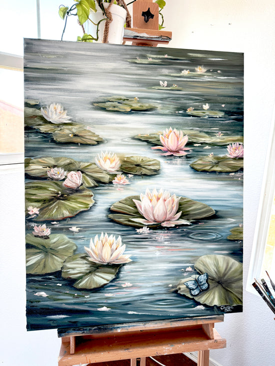 lily flower oil painting Giclée Print White Lotus Flowers Painting Water Lilies Canvas Wall Art – Contemporary Art by Christine