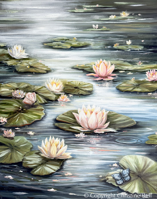 water lily flower painting Giclée Print White Lotus Flowers Painting Water Lilies Canvas Wall Art – Contemporary Art by Christine