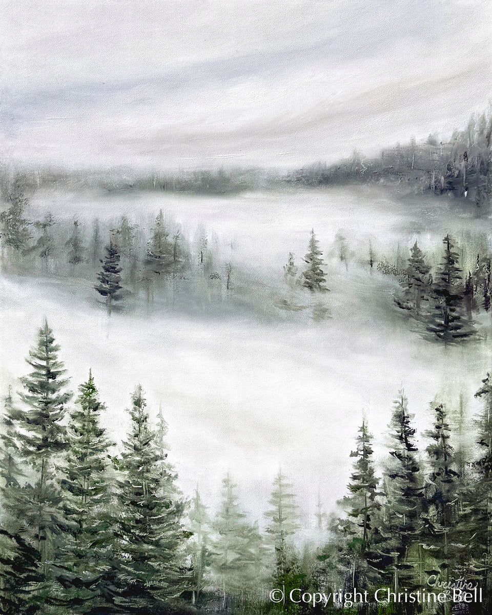ORIGINAL Landscape Oil Painting Misty Forest Pine Trees Home Decor Art ...