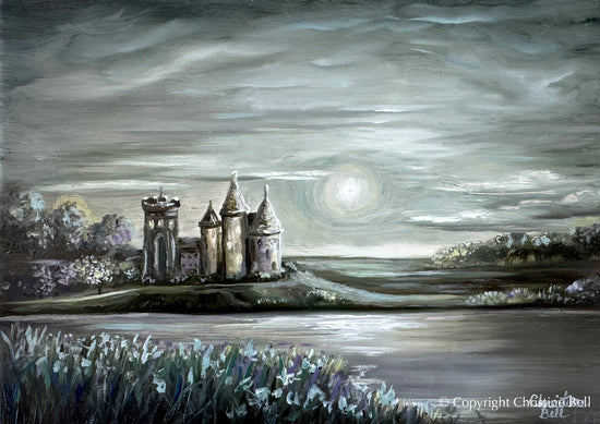 "Enchanted Castle" ORIGINAL Landscape Oil Painting, Nocturne, Copper Panel, Framed, 7x5"