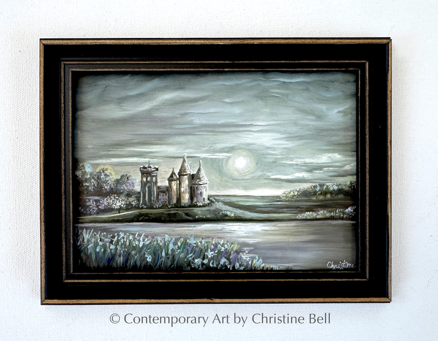 "Enchanted Castle" ORIGINAL Landscape Oil Painting, Nocturne, Copper Panel, Framed, 7x5"