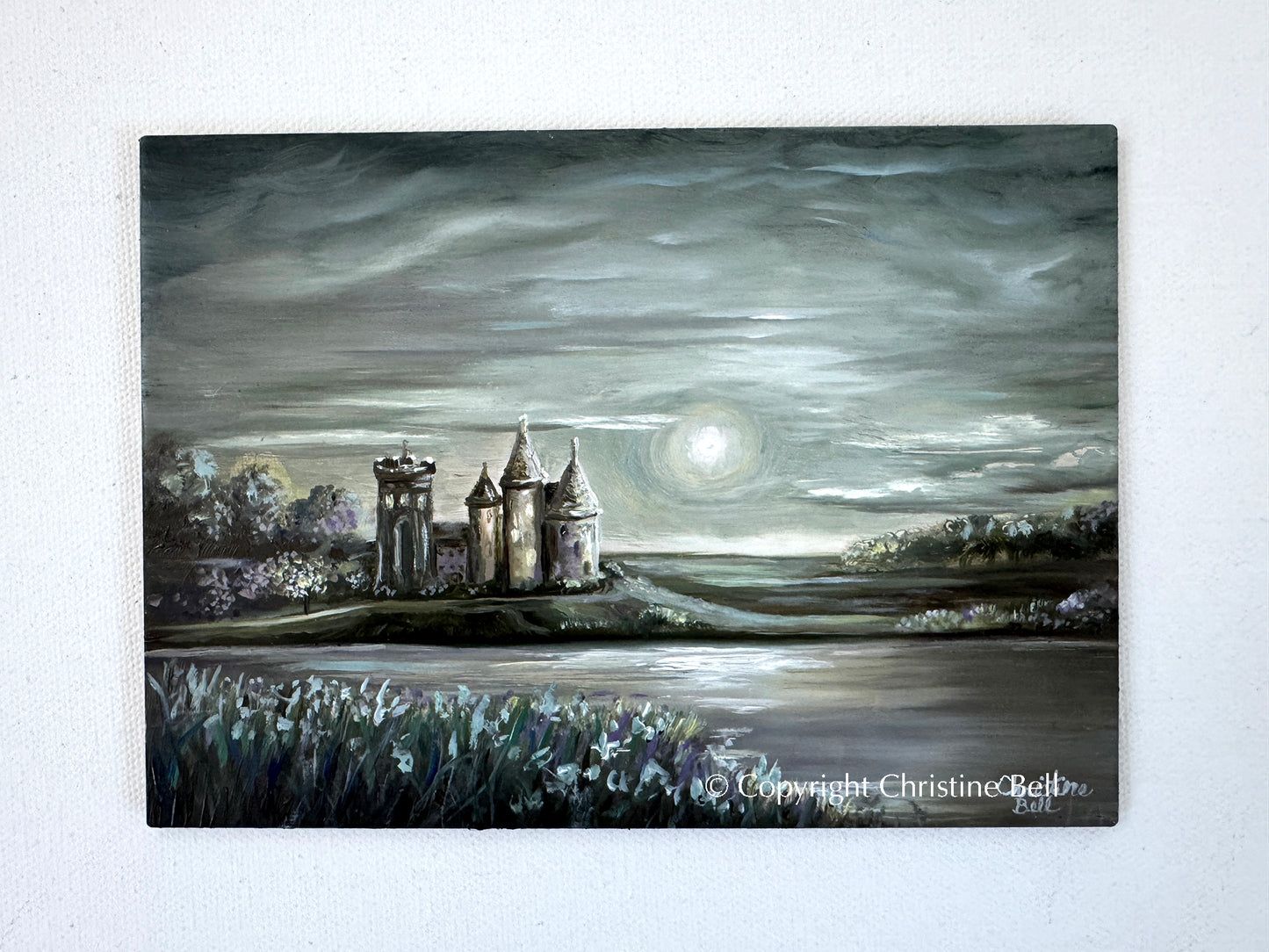 "Enchanted Castle" ORIGINAL Landscape Oil Painting, Nocturne, Copper Panel, Framed, 7x5"