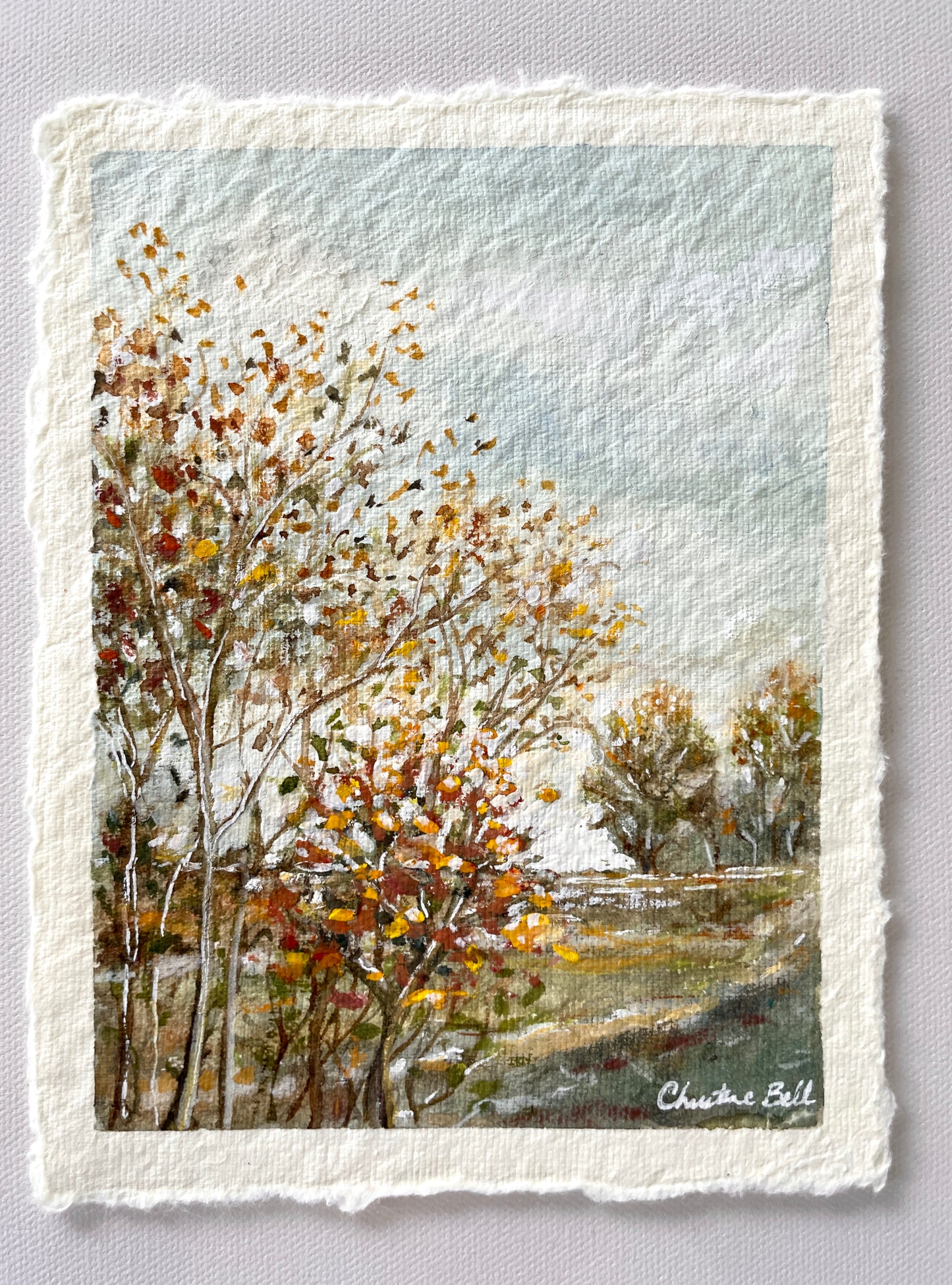 "Autumn Joy" ORIGINAL Autumn Trees Landscape, Handmade Deckled-Edge Paper, Available Framed