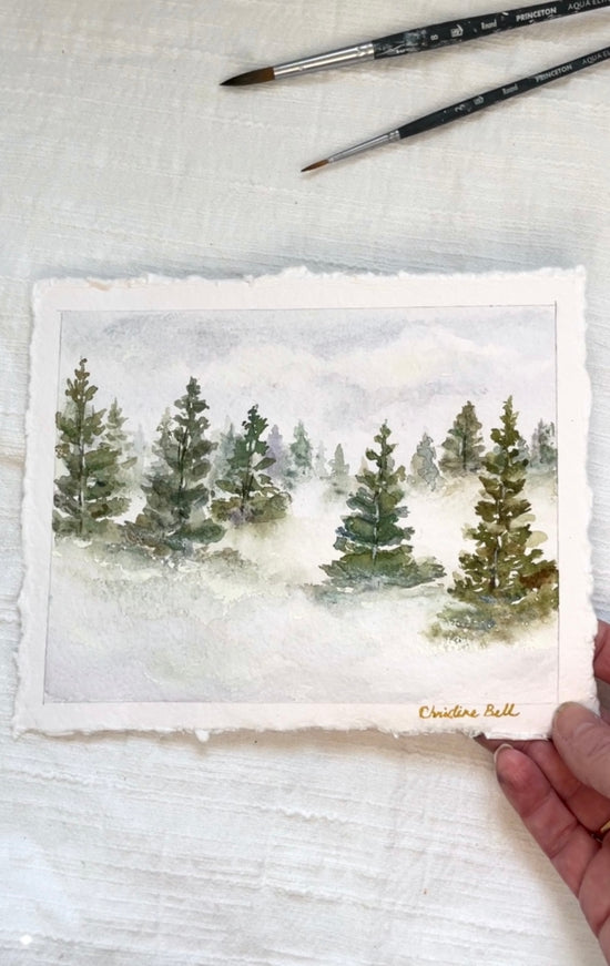 "Misty Forest VI" ORIGINAL Pine Trees Landscape, Handmade Deckled-Edge Paper, Available Framed