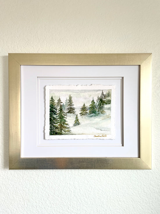 "Misty Forest I" ORIGINAL Pine Trees Landscape, Handmade Deckled-Edge Paper, Available Framed