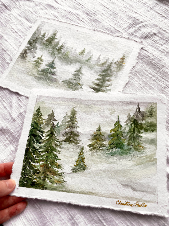 Load image into Gallery viewer, &amp;quot;Misty Forest I&amp;quot; ORIGINAL Pine Trees Landscape, Handmade Deckled-Edge Paper, Available Framed

