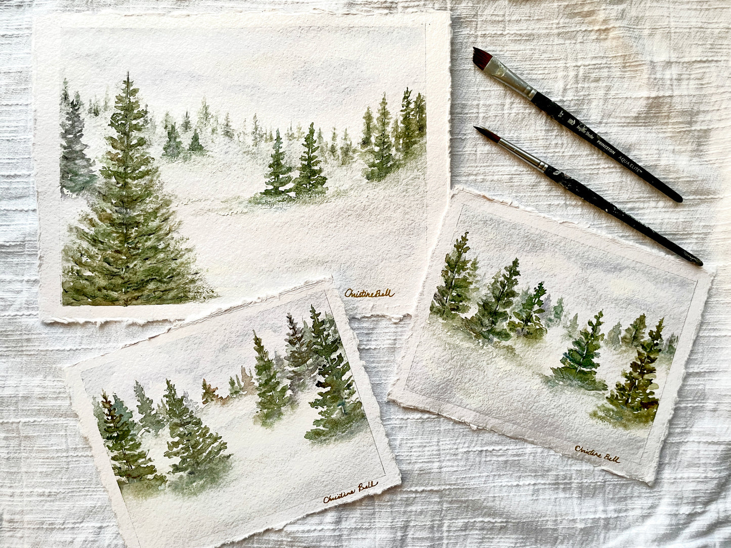 "Misty Forest VII" ORIGINAL Pine Trees Evergreen Landscape, Handmade Deckled-Edge Paper, Available Framed
