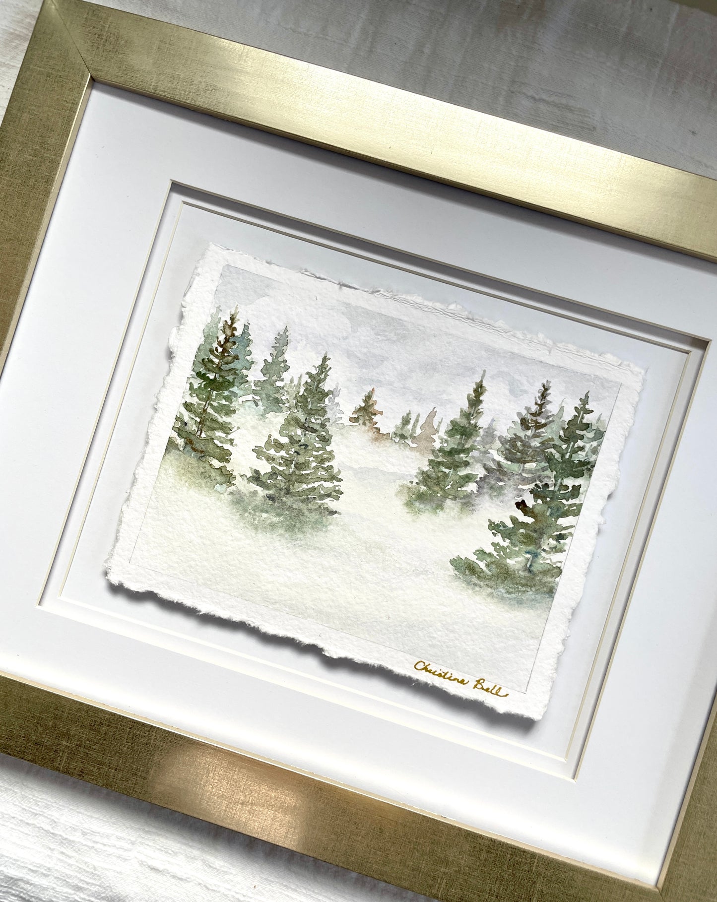 Load image into Gallery viewer, &amp;quot;Misty Forest V&amp;quot; ORIGINAL Pine Trees Landscape, Handmade Deckled-Edge Paper, Available Framed

