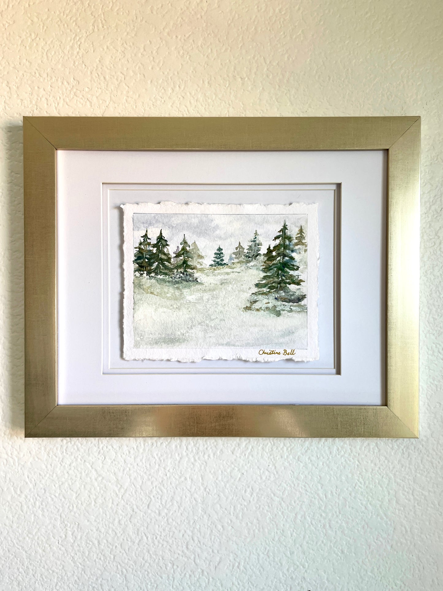 "Misty Forest IV" ORIGINAL Pine Trees Landscape, Handmade Deckled-Edge Paper, Available Framed