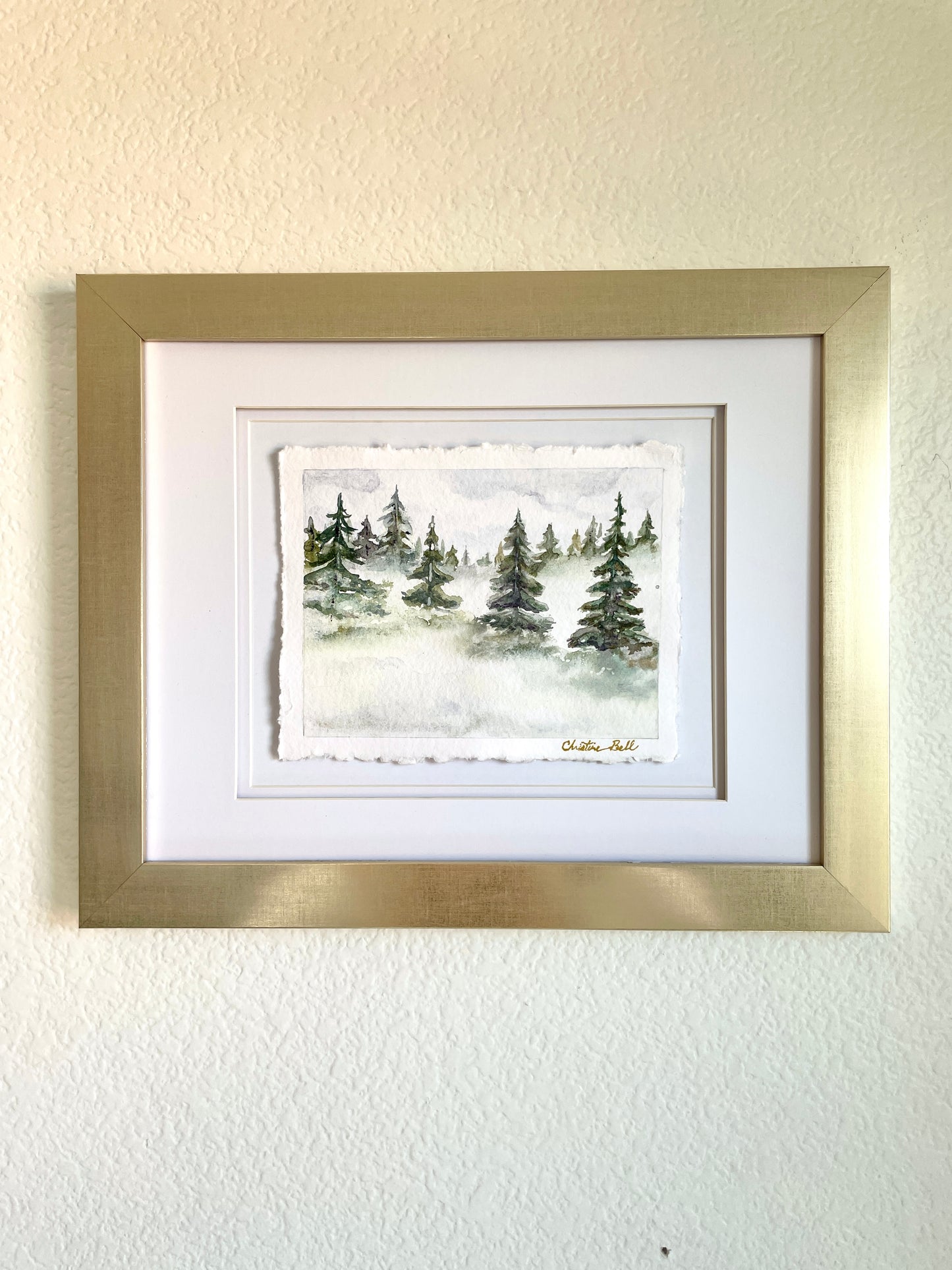 "Misty Forest III" ORIGINAL Pine Trees Landscape, Handmade Deckled-Edge Paper, Available Framed