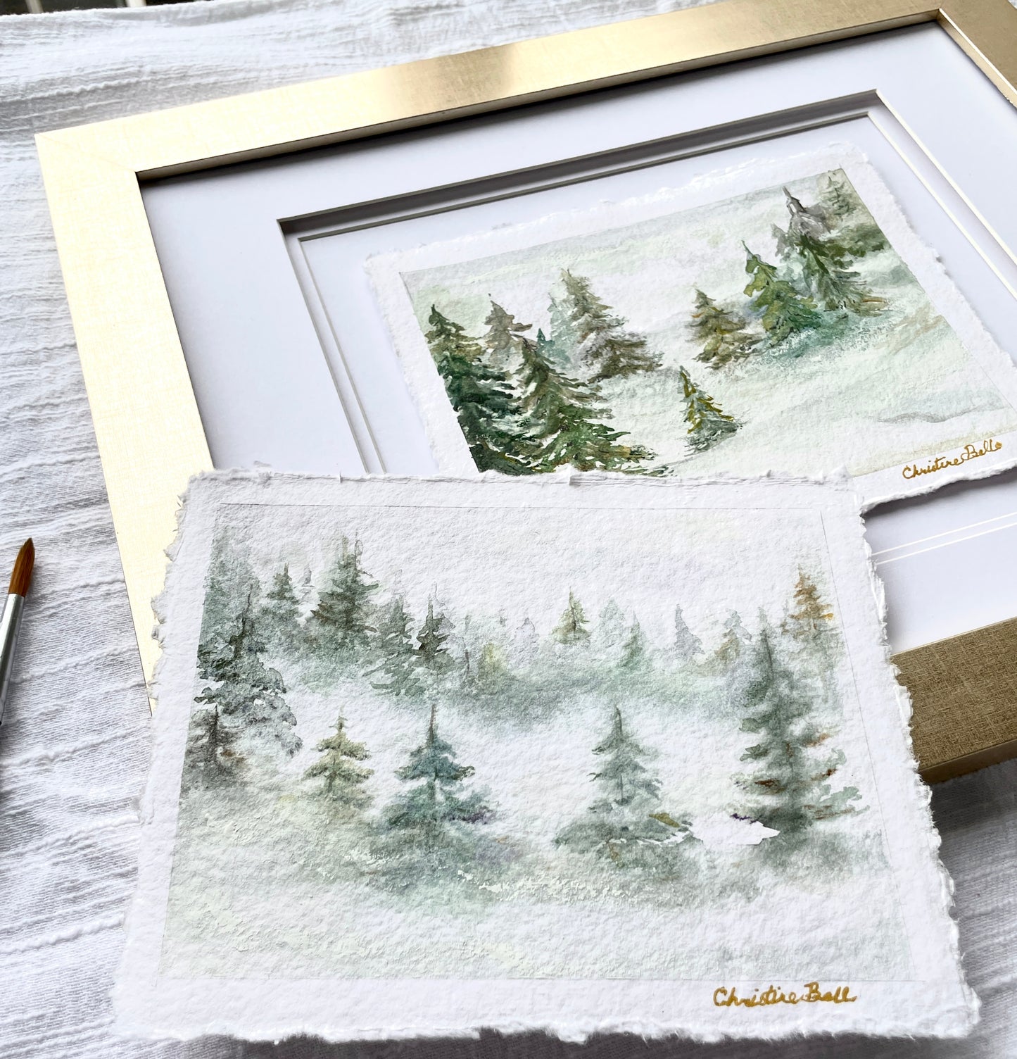 Load image into Gallery viewer, &amp;quot;Misty Forest II&amp;quot; ORIGINAL Pine Trees Landscape, Handmade Deckled-Edge Paper, Available Framed
