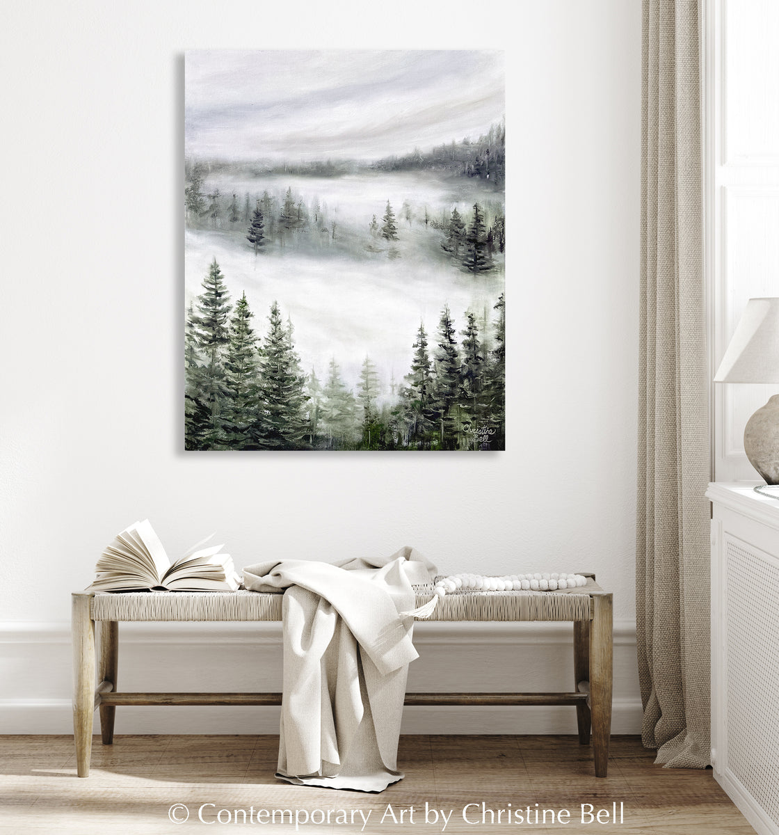 ORIGINAL Landscape Oil Painting Misty Forest Pine Trees Home Decor Art ...