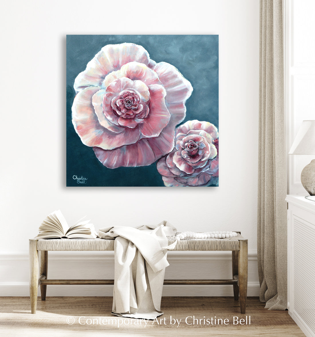 ORIGINAL Pink Floral Oil Painting Large Roses Peony Flowers Home Decor ...