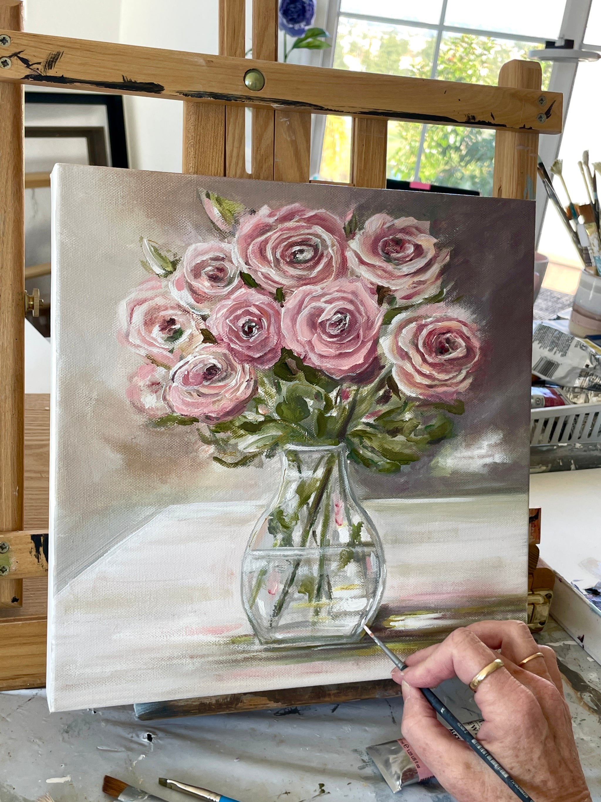 ORIGINAL Pink Roses Oil Painting Flower Bouquet White Wall Art Decor ...