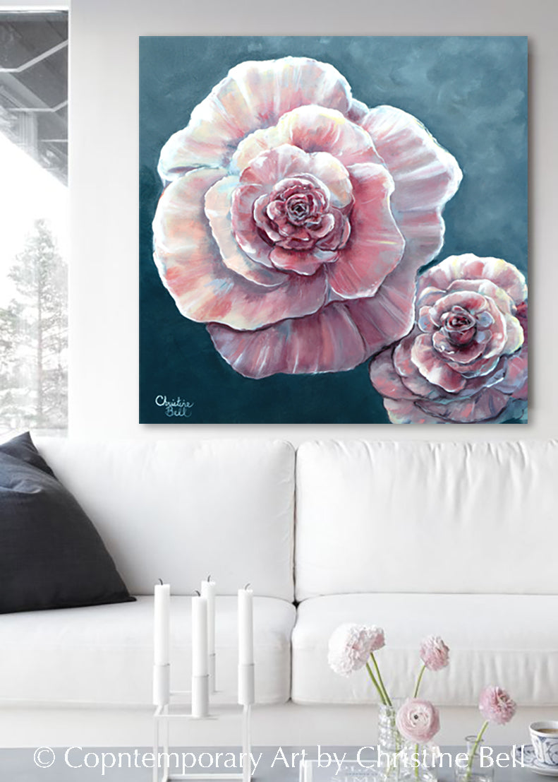 ORIGINAL Pink Floral Oil Painting Large Roses Peony Flowers Home Decor ...