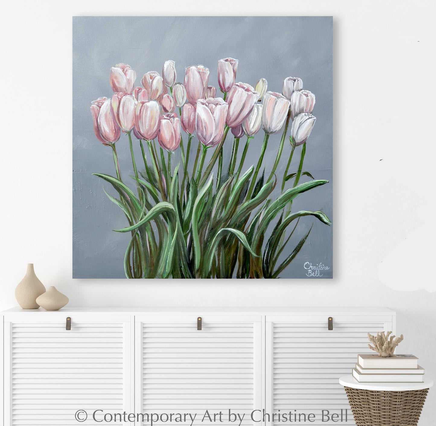 Tip Toe Through the Tulips" ORIGINAL FLORAL OIL PAINTING, Pink White Tulip Flowers