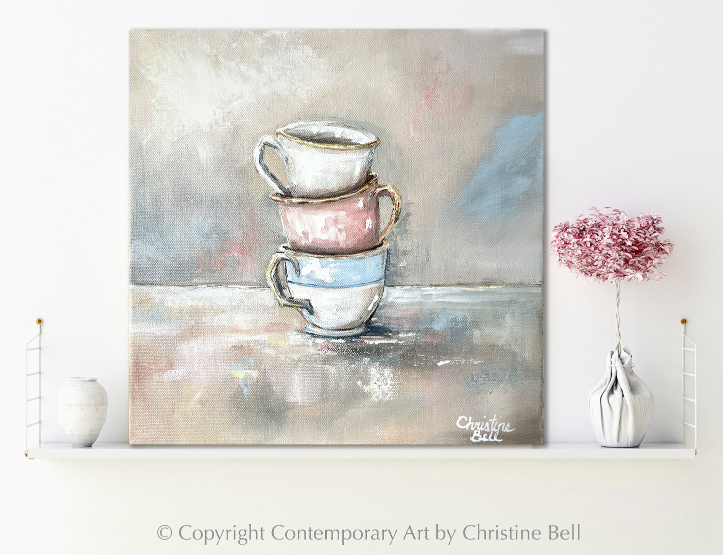 "Tea Time" GICLEE PRINT Teacup Painting, Stacked Teacups Still Life